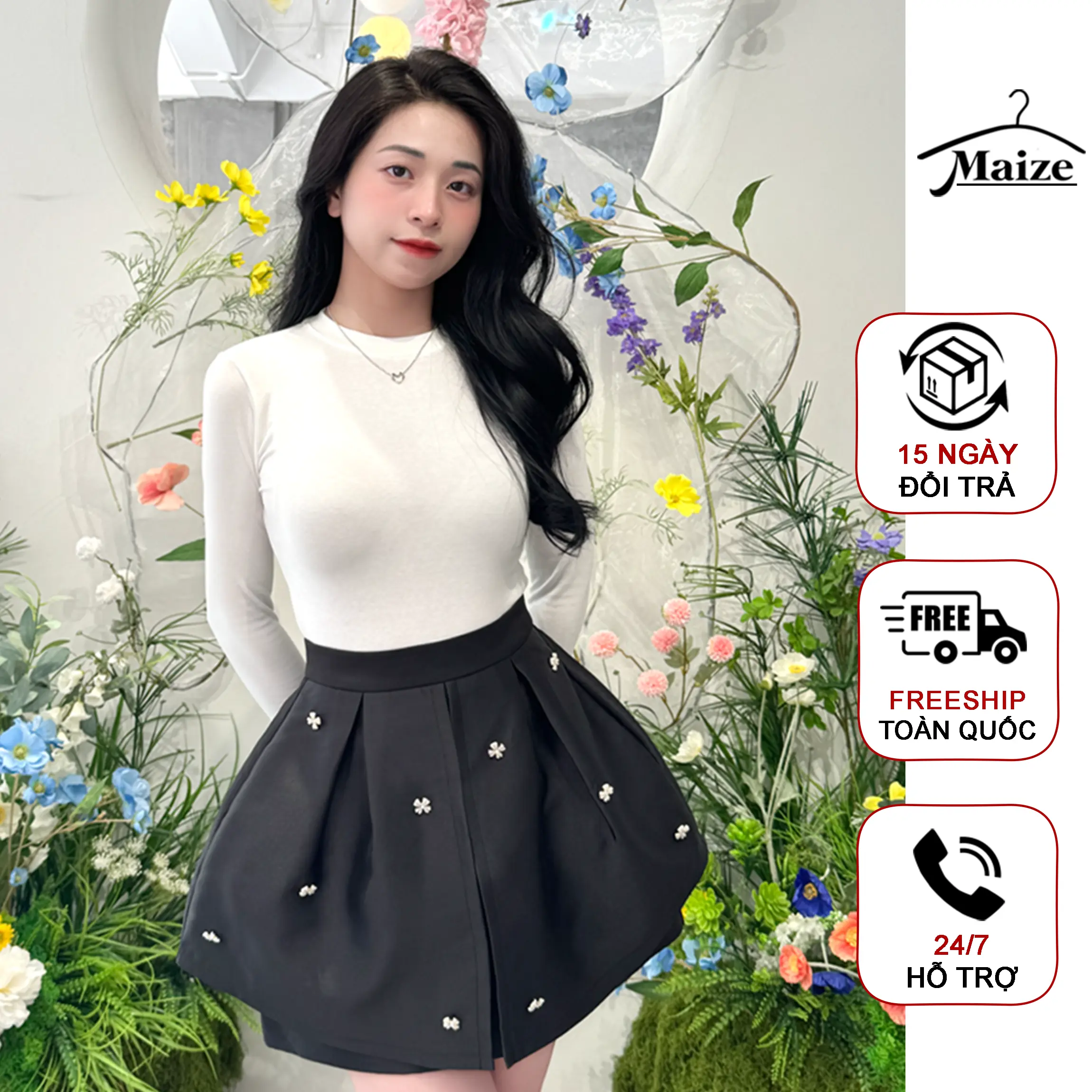 Chân váy nữ đính đá Maize 2 Lớp Ôm Eo Hack Dáng, chân váy xòe chữ A Women