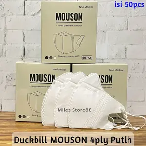 Masker Duckbill MOUSON 4ply isi 50pcs  Dewasa Duckbil Garis Ada Embos Model Earloop Warna Putih Hitam
