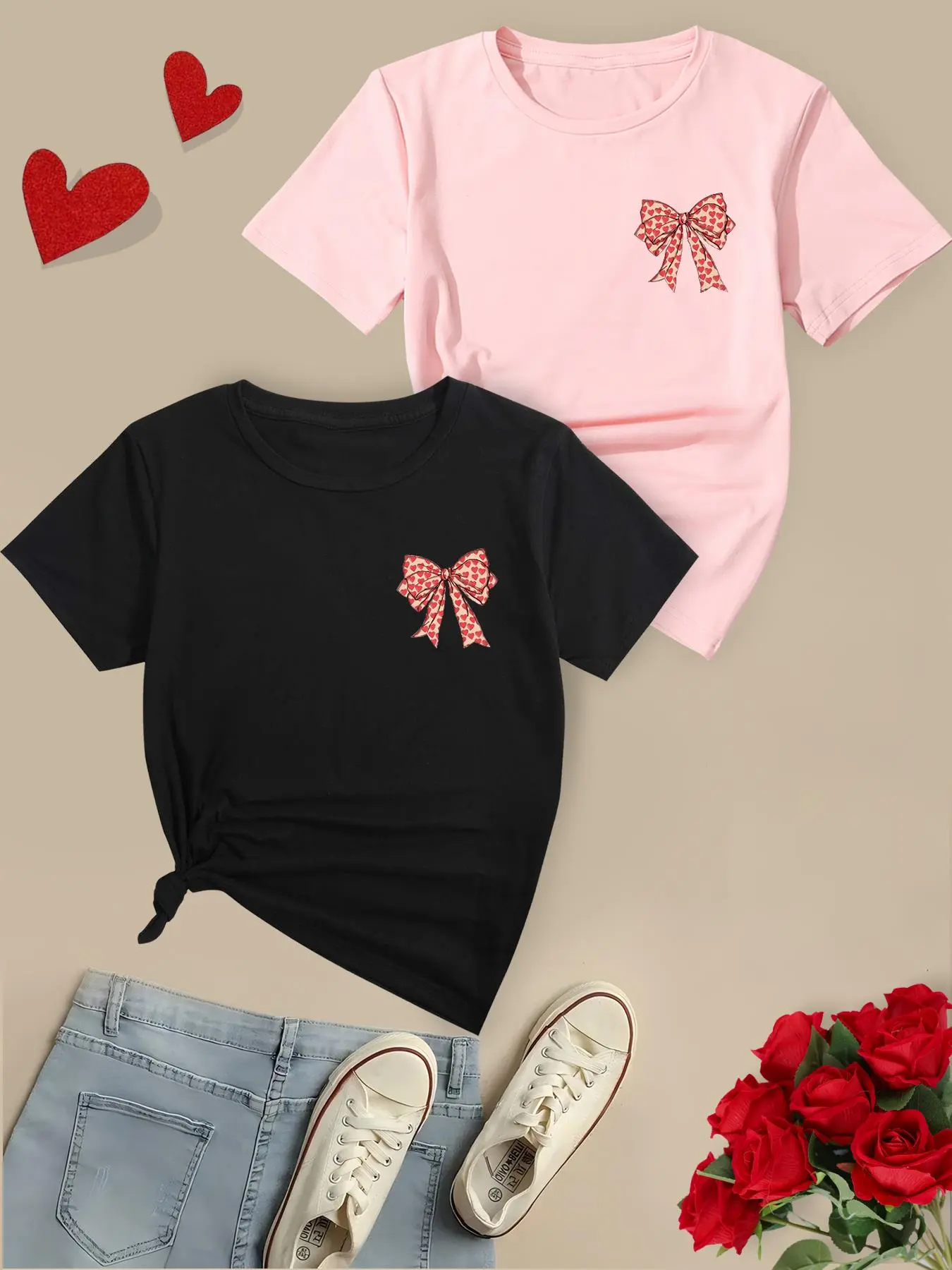 【Plus Size】 Bow Print Round Neck Tee, Casual Short Sleeve Crew Neck T-shirt for Summer, Women's Clothing for Daily Wear