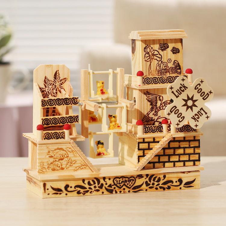 Three-Story Cottage Windmill Music Box Ornament Creative Desktop Decoration Wooden Eight Tones Student Couple Gift 2