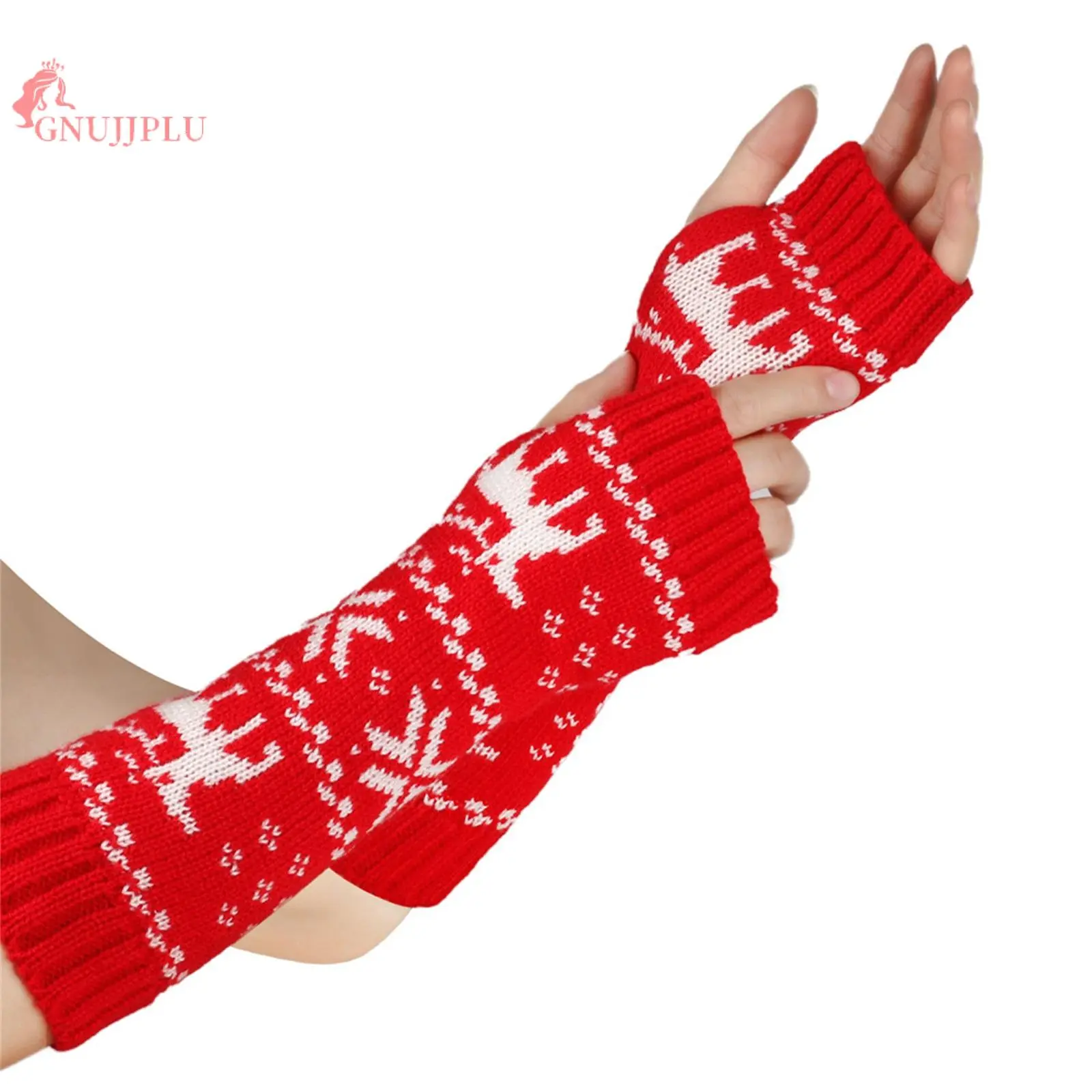 Women's Ribbed Knit Fingerless Gloves Reindeer Warm Arm Warmers for Winter Accessories