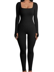 Women's Solid Scoop Neck Long Sleeve Shapewear Jumpsuit, High Stretch Tummy Control Butt Lift Shaper, Ladies Shapewear for All Seasons
