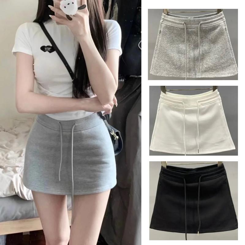 Chân váy nỉ chữ A dáng ngắn chân váy nỉ da cá có dây rút cạp chun điều chỉnh eo ba màu hottrend 2024 y2k Nữ Women