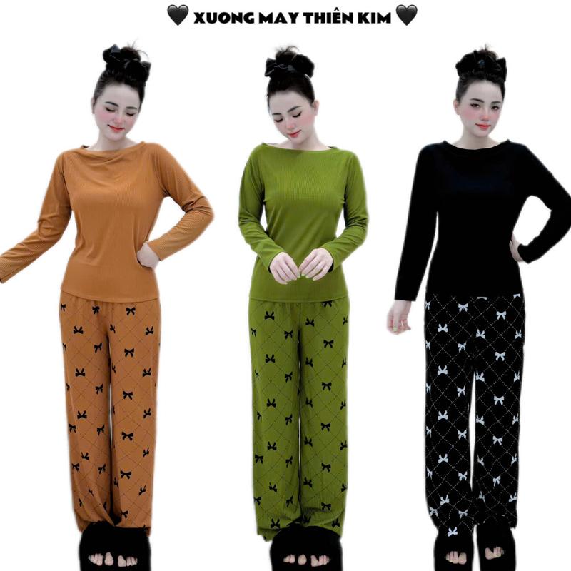 set đồ thun gân tay dài mặc nhà,  cổ thuyền quần suông in hình dễ thương,  cho mùa THU ĐÔNG Nữ Women