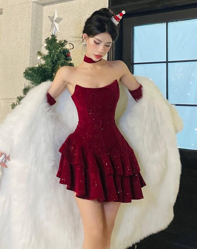 Đầm Nhung Nhũ Kim Tuyến Kèm Chocker siêu tôn dáng Đầm Váy Dự Tiệc Sang Chảnh Đầm Váy Đi Date Hẹn Hò KC1514 đỏ missavenue m đỏ và hồng