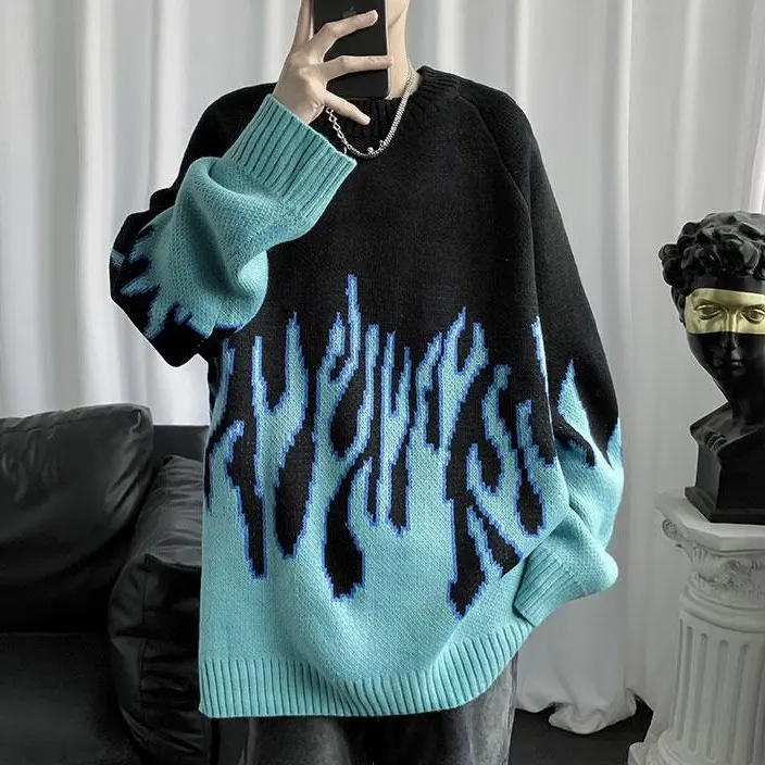 Áo sweater len nam form rộng ngọn lửa xanh đen thời trang retro đường phố, áo sweater nam chất len oversize unisex màu xanh học sinh đi học đi chơi thời trang ulzzang hàn quốc 2024