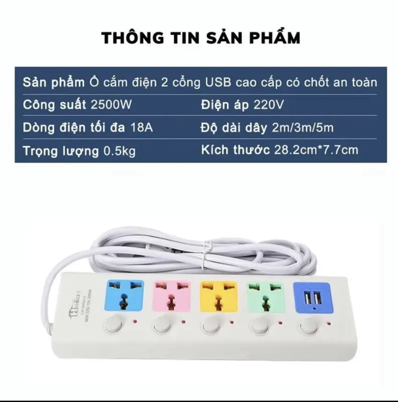 Ổ Cắm Điện Đa Năng Chịu Tải 2500W Dây Dài 4M Ổ Cắm Điện Thông Minh 2 Cổng Cắm USB Chốt Chống Giật An Toàn 8