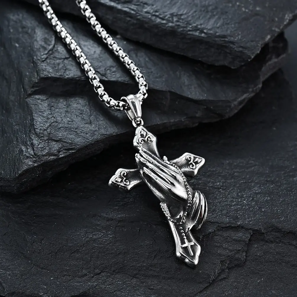 Kalung Salib Pria Stainless Steel Liontin Salib Tangan Doa Gaya Retro Eropa Amerika
