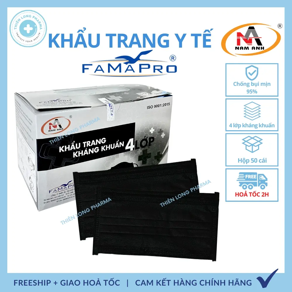 [Hộp 50 Cái] Khẩu trang y tế Famapro 4 lớp giấy kháng khuẩn hàng chính hãng công ty