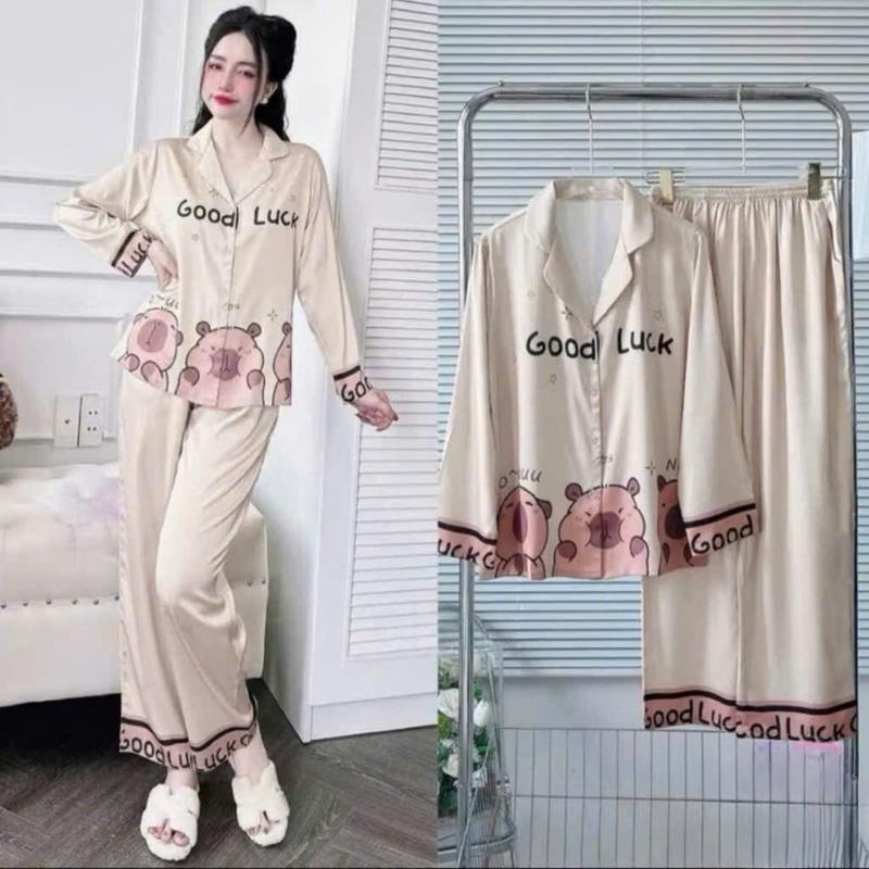 Bộ đồ ngủ mặc nhà dài tay in hình vải satin cao cấp - Bộ pijama hoạt hình dễ thương Nữ Women Quần Ngủ Áo Ngủ 3