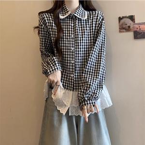2025 Spring French Sweet Lace Patchwork Shirt Doll Collar Color-Block Plaid Long Sleeve Top