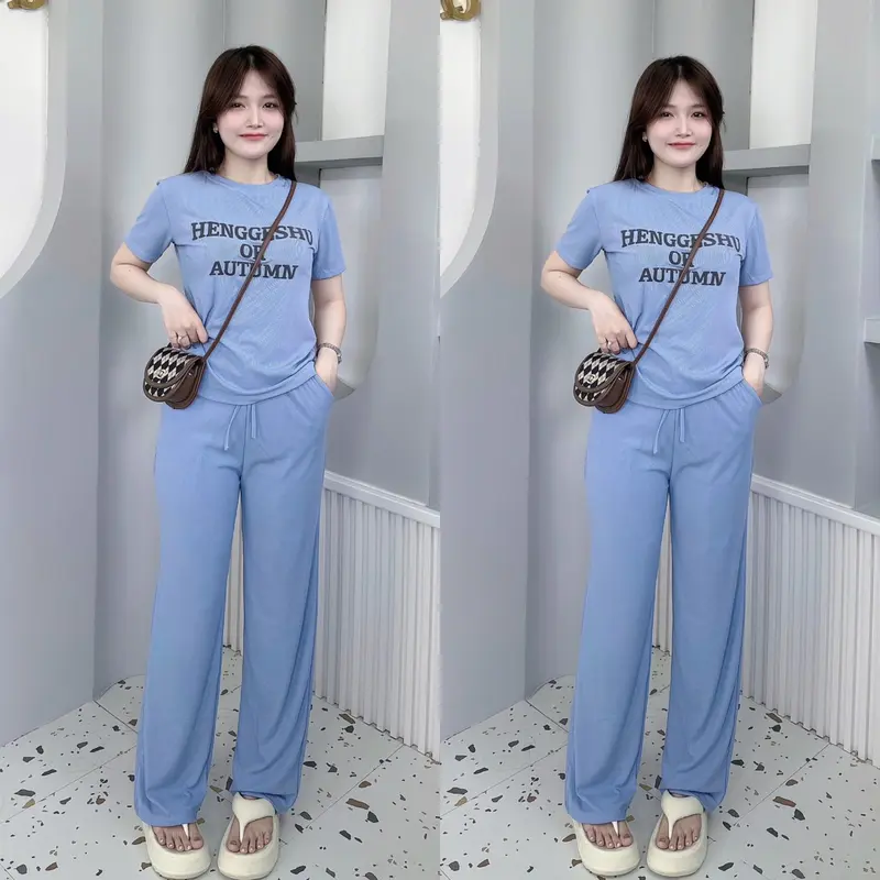 Bộ Nữ Tăm Lạnh Quần Suông + Áo Tay Ngắn Cổ Tròn Phối Chữ Bigsize 45-75kg 2
