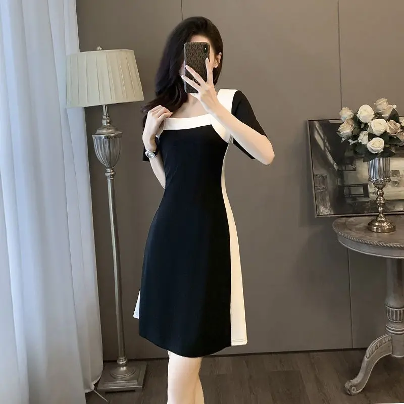 Váy Thiết Kế Phong Cách Pháp, Ngoại Cỡ, Độc Đáo Nhẹ Nhàng, Dành Cho Phụ Nữ Mùa Hè, Cô Gái Đầy Đặn, Cạp Cao, Che Béo, Váy Mỏng Women Dress Khuy Đen