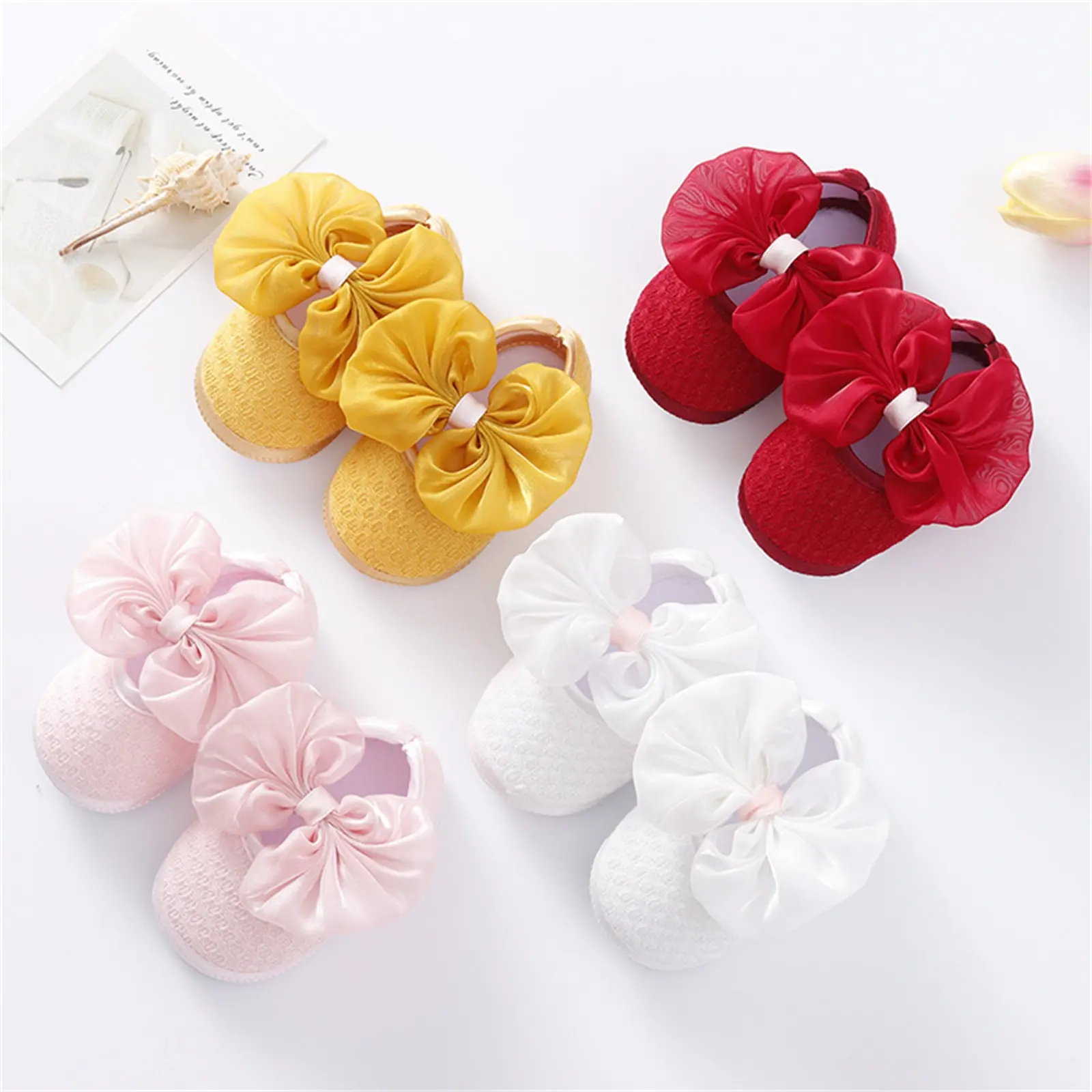 Baby Shoes, Solid Color Walking Shoes Footwear with Big Bowknot for Girls, Pink/White/Wine Red/Yellow