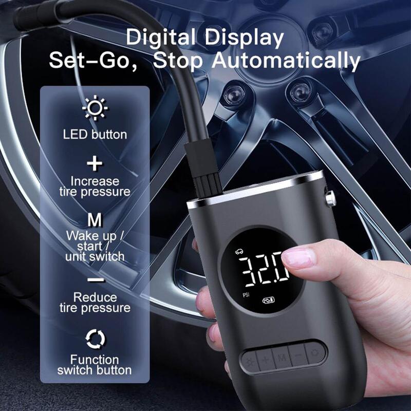 Product Introduction of Portable Car Tire Inflator, 150PSI Max Air Compressor with Digital Display, LED Light, USB Rechargeable Air Pump for Car, Bicycle, Motorcycle, Ball 4