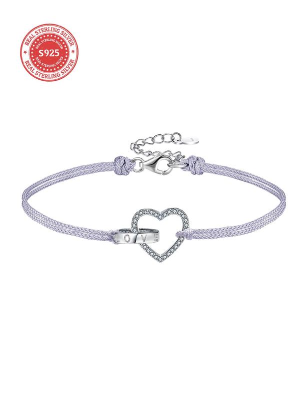 925 Sterling Silver Hollow Out Heart Charm Bracelet, Fashionable Rhinestone Decor Adjustable Bracelet for Women & Girls, Fashion Jewelry for Party, Daily Clothing Decor, Trendy All-match & Exquisite Jewelry for Birthday Gift 1