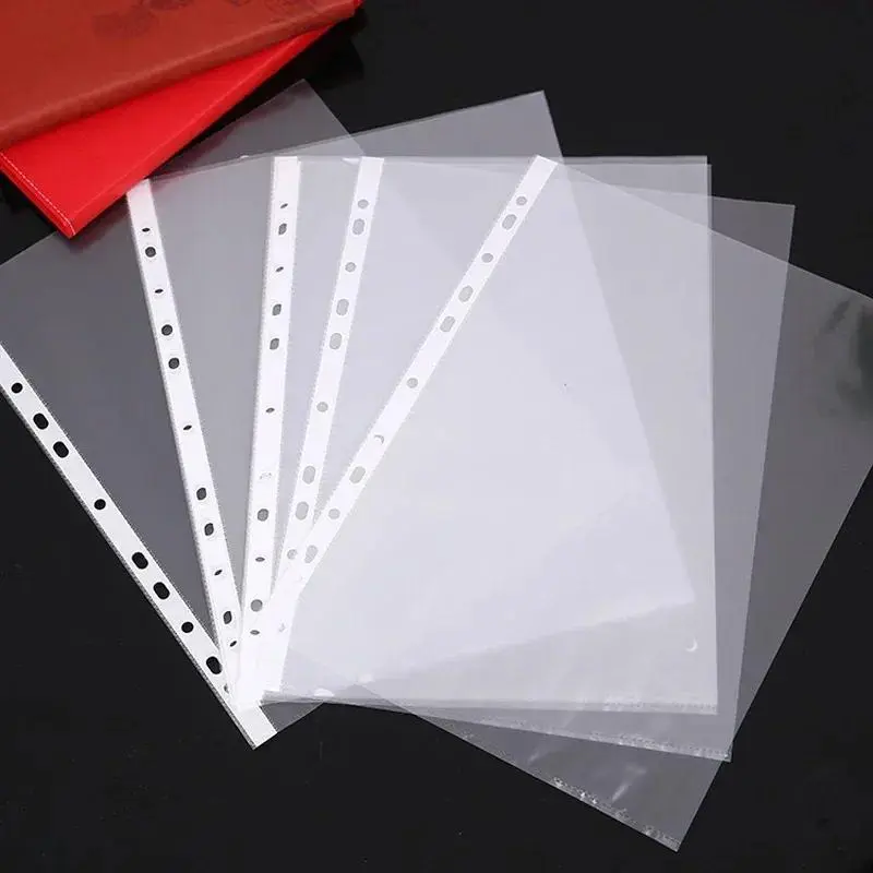 New 100Pcs A4 11 Holes Loose Leaf Plastic Punched Pockets Folders Documents Sheet Protectors Filing Transparent Folder Bag