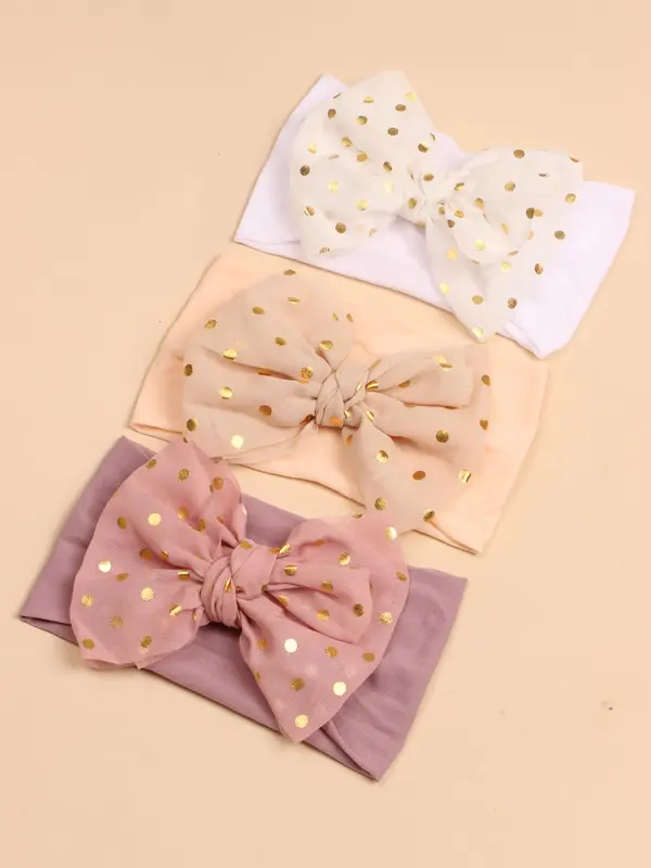 3pcs Baby's Cute Polka Dot Print Bow Decor Baby Hair Band, Solid Color Elastic Hair Band for Infants Baby Girls, Baby Hair Accessories 3