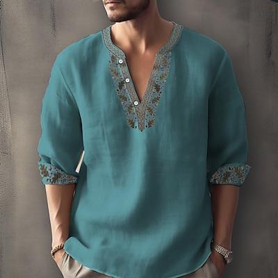 Product Introduction of Men's Ethnic Shirt Linen Shirt Long Sleeve Fashion Streetwear Designer Outdoor Daily Going out Spring & Summer Stand Collar Print Yellow Light Green Pink Red Navy Blue 8