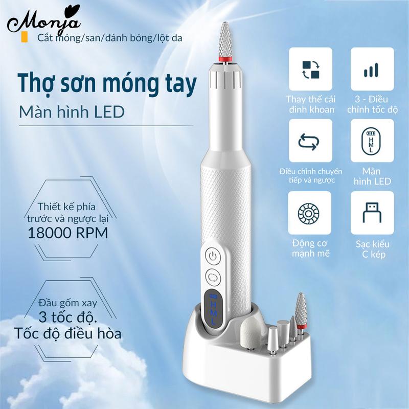 Máy khoan móng tay Điện Cầm Tay Monja 18000RPM với màn hình LED máy mài móng tay chất làm mềm lớp biểu bì bộ mũi khoan đánh bóng móng tay dụng cụ làm móng tự làm