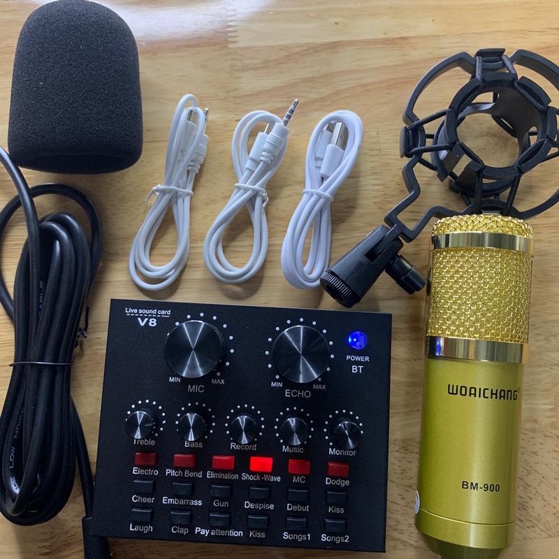 2023  bộ Mic hát thu âm Live stream micro bm900 và Soundcad V8 có Bluetooth,các hiệu ứng vui nhộn ( bộ rút gọn chưa có giá đỡ điện thoại ,giá đỡ mic. V8 đã được nâng cấp bắt xa và hát nhẹ