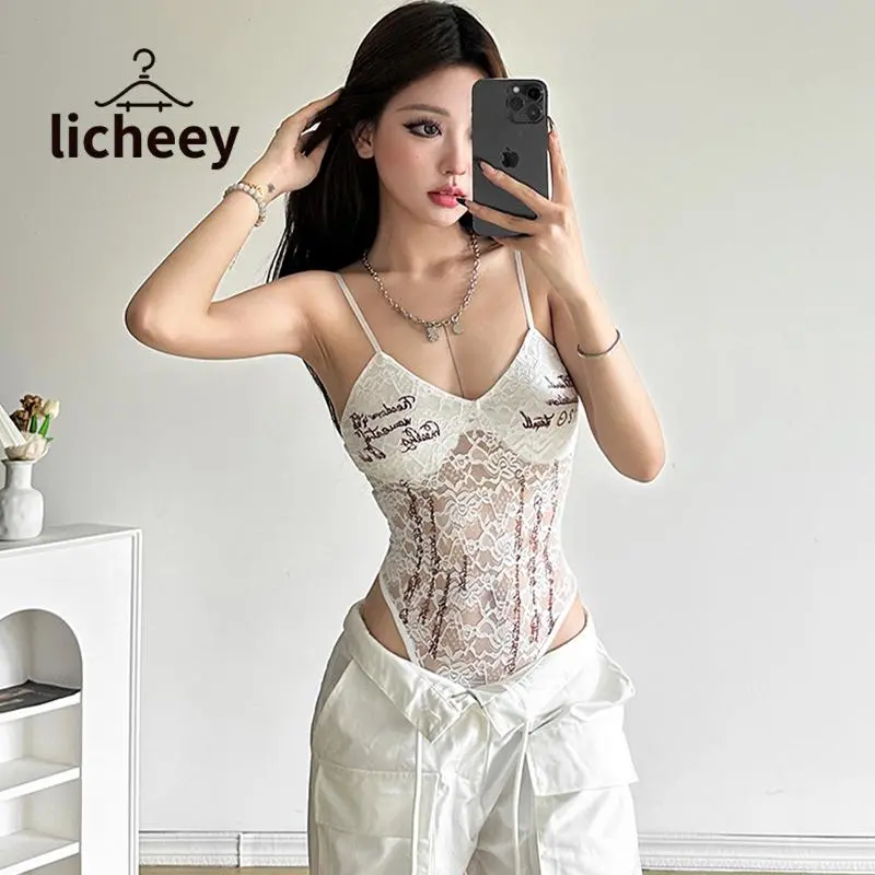 Bodysuit Dây Đeo Spaghetti Dành Cho Phụ Nữ, Họa Tiết Chữ Cái, Không Tay, Cổ Chữ V, Áo Liền Quần, Với Ren Và Lưới, Áo Lót 6