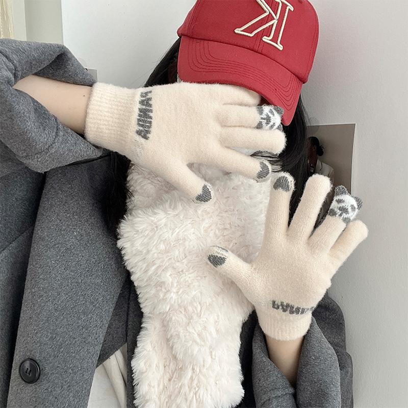 Kawaii Touchscreen Winter Gloves‌ – 5-Finger Knitted Design with Thermal Fleece Lining, Waterproof TPU Thumb Patch & Reflective Stripes (Bike Riding Approved) ‌ 1