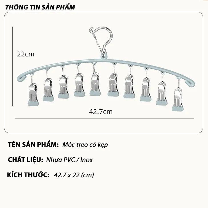 Móc Phơi Quần Áo Có 10 Móc Kẹp MQ-02 Móc Treo Quần Áo Có Kẹp Phơi Quần Áo, Tât Vớ, Đồ Lót, Phơi Đồ Cho Bé Phủ Nhựa PVC Mềm Chống Sỉ Chắc Chắn Bền Bỉ 1