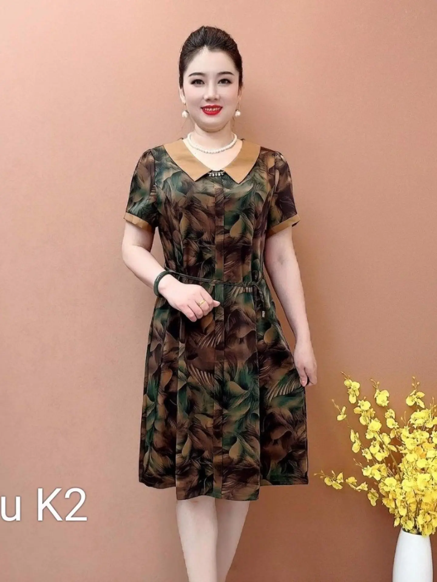 Đầm Nữ Trung Niên Tay Ngắn Cổ Bẻ Có dây thắt eo. che khuyết điểm phù hợp với mọi vóc dáng váy dự tiệc
