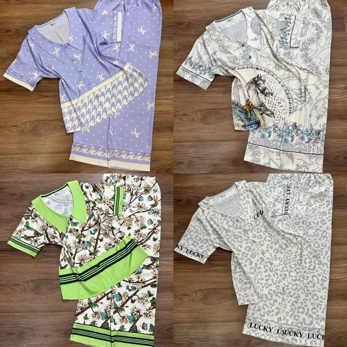 LATIN CỔ NHỌN (45kg-85kg) - Pijama Latin lụa mịn thiết kế cổ nhọn với nhiều mẫu hoạ tiết sang trọng. Women Nữ Kem Nhung Quần Ngủ Áo Ngủ