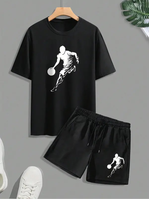 【Plus Size】 Men's Basketball Print Short Sleeve Graphic Tee & Shorts Two-piece Set, Regular Fit Casual Round Neck T-shirt & Track Shorts, Men's Summer Clothes 2
