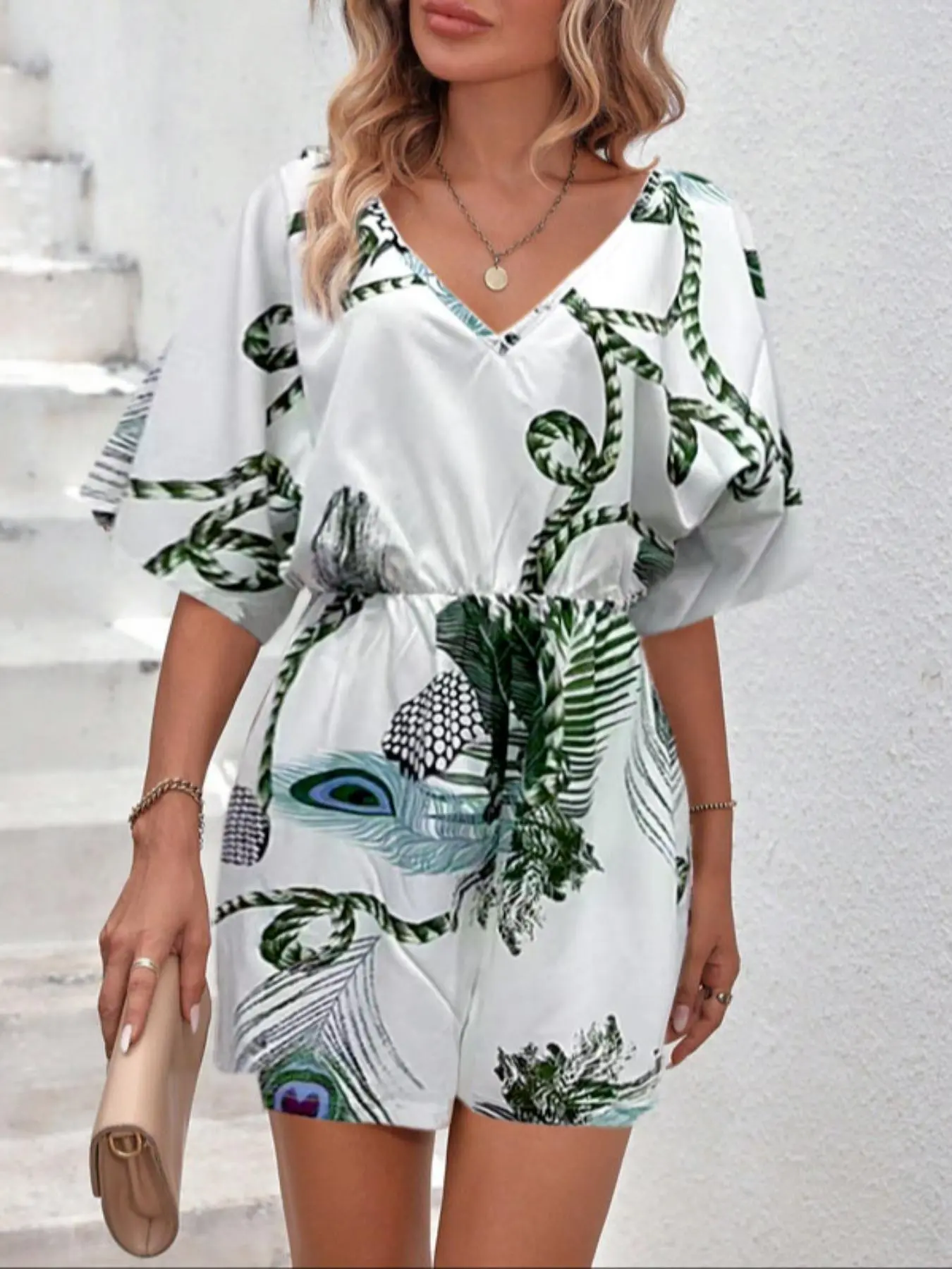 Women's All Over Print Romper, Elegant Casual V Neck Short Sleeve Romper for Summer, Fashion Women's Clothing for Daily Wear