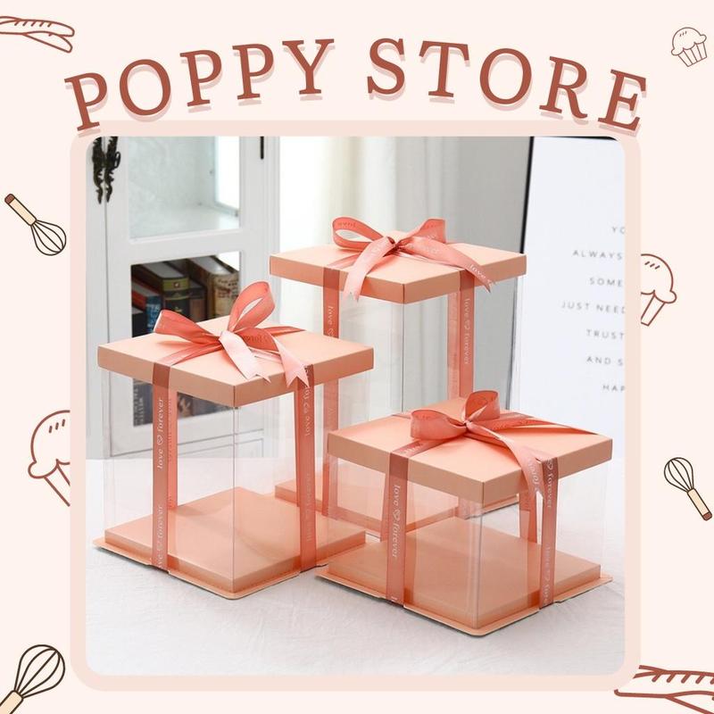 Hộp đựng bánh kem sinh nhật, hộp nhựa mica có nắp, màu sắc dễ thương, tặng kèm ruy băng - POPPY STORE