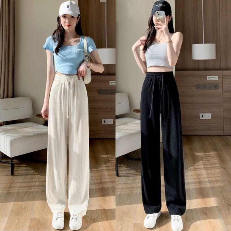  Quần ống rộng thun tăm gân cạp chun lưng cao có dây rút kiểu quần len tăm ống rộng suông dài vải mềm mặc đi chơi dạo phố Nữ Pants Nữ Pants Women Ong 