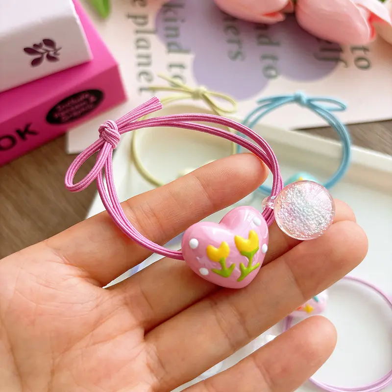 Băng Đô Thắt Nút Tráng Men, Thiết Kế Trái Tim Yêu Thương Ngọt Ngào Dễ Phối Đồ Với Hạt Cầu Vồng, Dây Cao Su 3