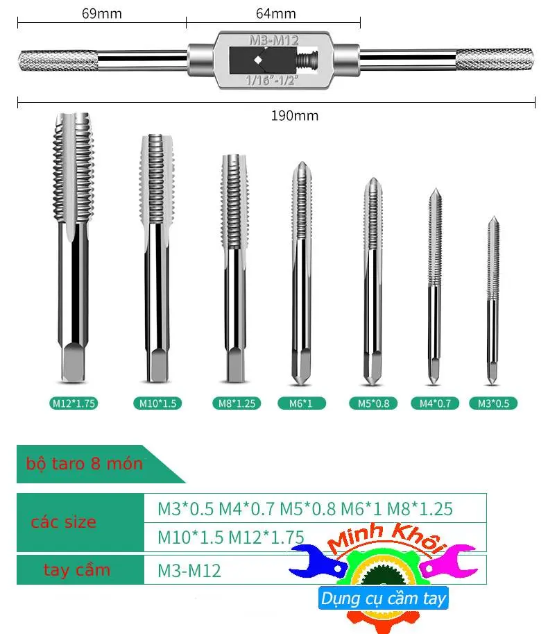 Bộ taro tạo ren ốc có tay cầm M3-M4 M5-M6-M8-M10-M12 .thép siêu cứng loại tốt, giúp anh em thợ dễ dàng tạo ren ốc