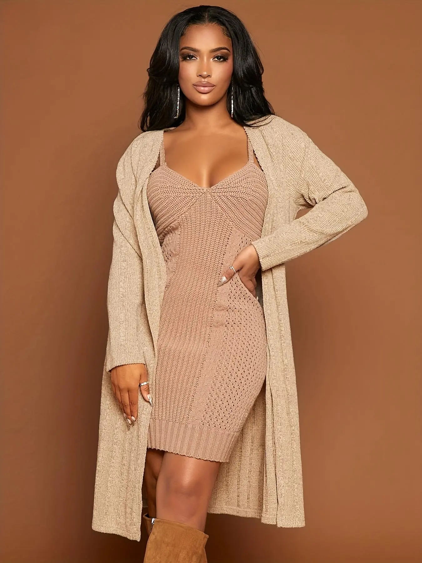Women's Minimalist Plain Long Sleeve Knitting Fitted Cardigan, Womenswear Tops, Lady Basic Casual Solid Open Front Knitwear for Fall & Winter, Women's Clothes for Daily Wear