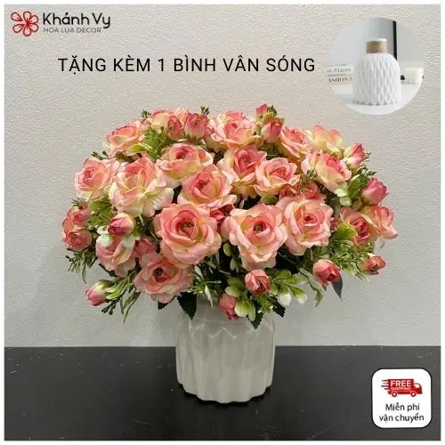 Combo cành hoa hồng tỉ muội cao 25cm, gồm 7 hoa và 7 nụ, kèm điểm nhấn tinh tế. Hoàn hảo để trang trí, decor phòng - Tặng bình