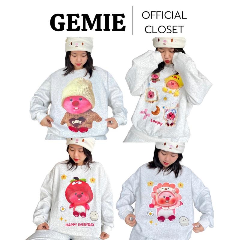 Bộ sưu tập Áo sweater nỉ bông LOOPY màu xám nhiều hình by Gemie form rộng tay bồng Nữ Hoodie thông thường màu hồng áo  nỉ không mũ