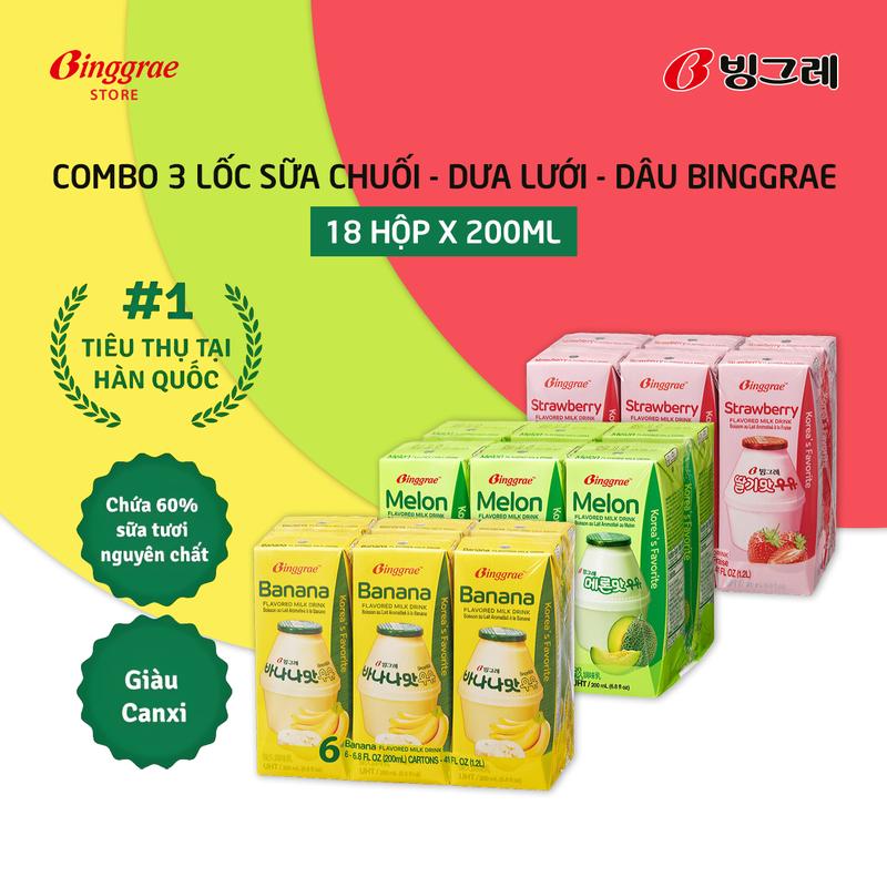  Combo 3 Lốc Sữa Chuối – Dưa Lưới – Dâu Hàn Quốc Binggrae  200ml x 18 hộp  