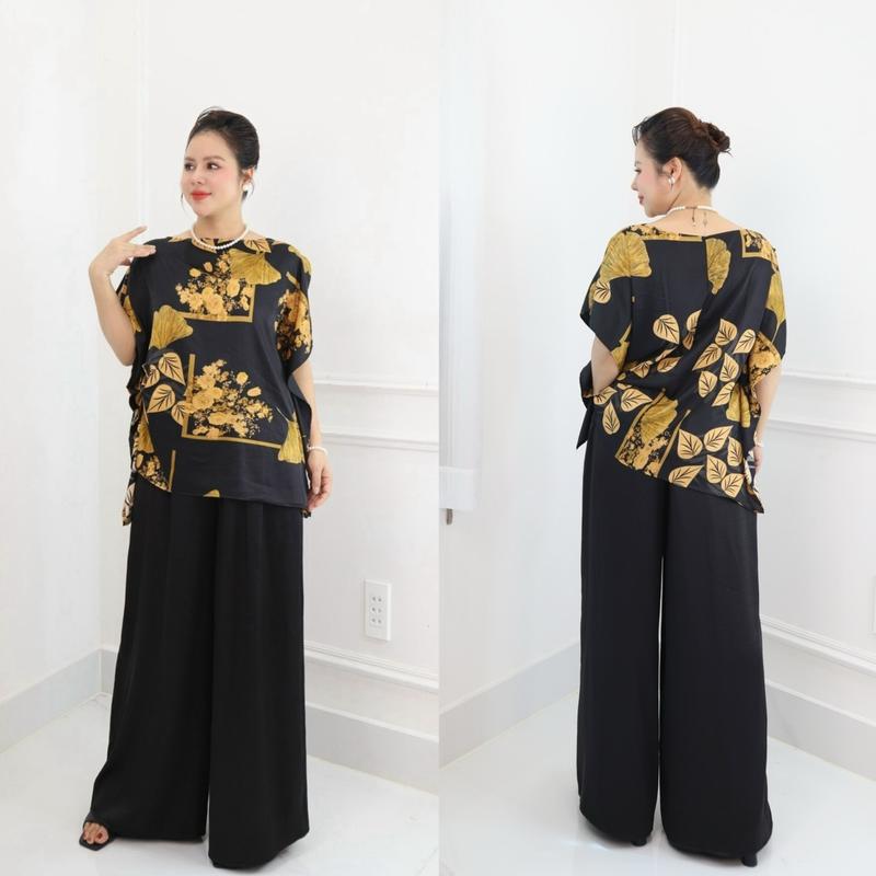 Hàng Cao Cấp Set Đồ bộ trung niên cách điệu đồ bộ cho mẹ,áo kiểu quần dài ống rộng chất lụa lattin cao cấp CC36 Nữ Women Ong Top Voi Jacket Polo