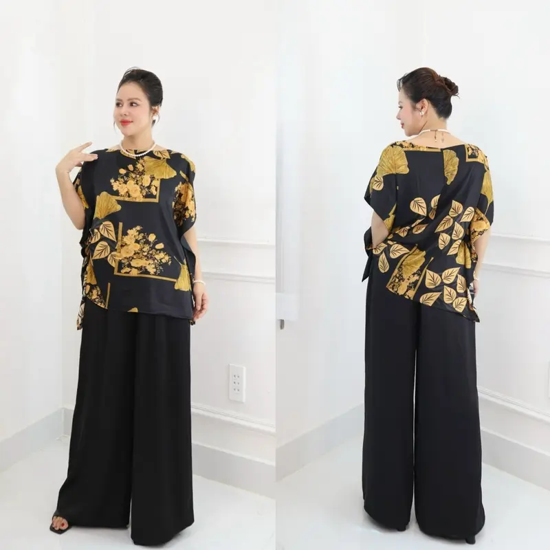 ( Hàng Cao Cấp ) Set Đồ bộ trung niên cách điệu, đồ bộ cho mẹ,áo kiểu, quần dài ống rộng , chất lụa lattin cao cấp CC36 Nữ Women Ong Top Voi Jacket Polo 1
