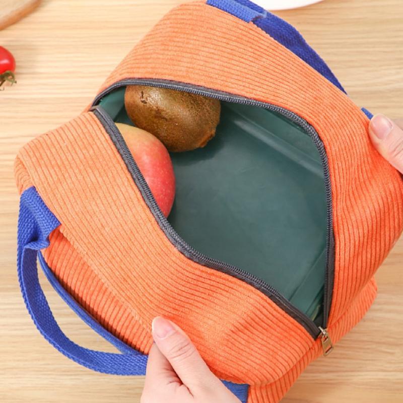 Product Introduction of Colorblock Corduroy Bento Bag, 1 Count Insulated Lunch Bag, Lunch Box Storage Bag for Work & School, Household Kitchen Gadgets 8