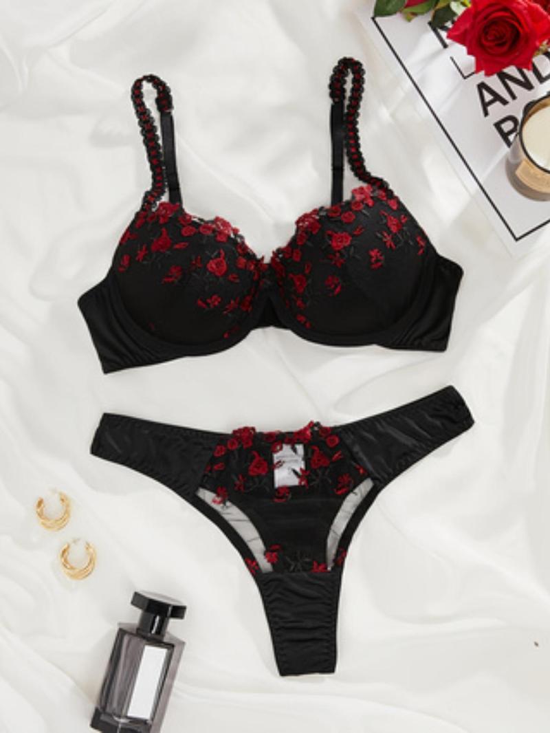 Product Introduction of Women's Floral Embroidery Contrast Mesh Underwear Set, Adjustable Strap Push Up Bra & Thong Set, Romantic Lingerie Set for Women 9