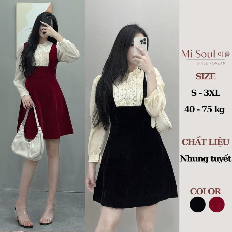 Váy Đầm Nhung Thiết Kế Misoul Phối Ngực Ren Tay Voan Sang Chảnh 122 Nữ Women Dress Đen