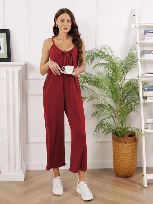 Women's Summer Adjustable Strap Sleeveless Wide Leg Jumpsuit with Pockets, Casual Solid Loose Cami Jumpsuit, Summer Outfits 2024, Jumpsuit for Women, Underwear & Womenswear, Overalls Clothes, Dungarees 8