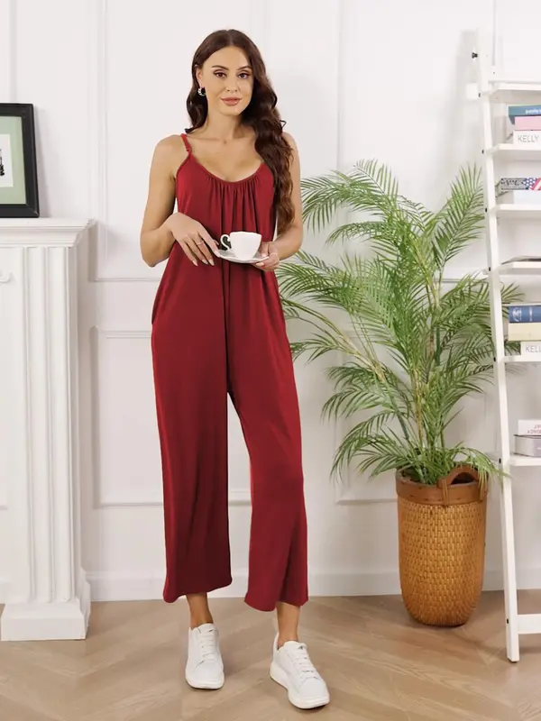 Women's Summer Adjustable Strap Sleeveless Wide Leg Jumpsuit with Pockets, Casual Solid Loose Cami Jumpsuit, Summer Outfits 2024, Jumpsuit for Women, Underwear & Womenswear, Overalls Clothes, Dungarees 7