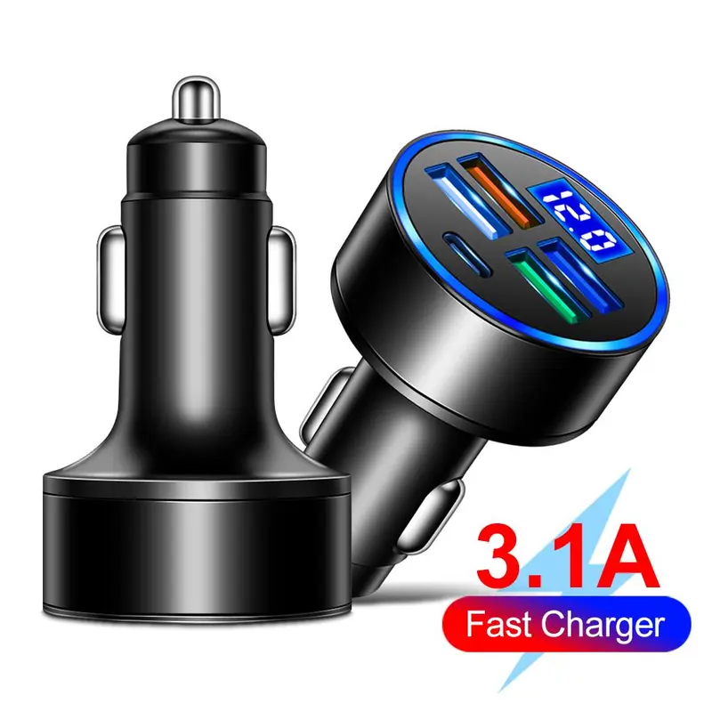 Portable 4 Port USB Car Charger, 1 Count 4 USB Ports Car Charger with LED digital display, Car Charger Adapter 7
