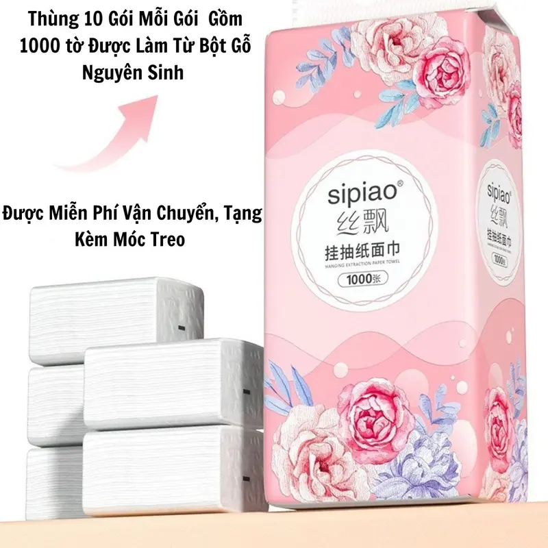 Combo Một Thùng 10 Gói Giấy Rút Treo Tường Sipao Hoa Hồng, Bịch 1000 Tờ Tặng Kèm Móc Treo Tường. Giấy Loại 1 Dai Mềm Mịn Được Làm Hoàn Toàn Từ Bột Gỗ Nguyên Sinh An Toàn Khi Sử Dụng GHH11 Giấy Vệ Sinh thùng  giấy  rút 1
