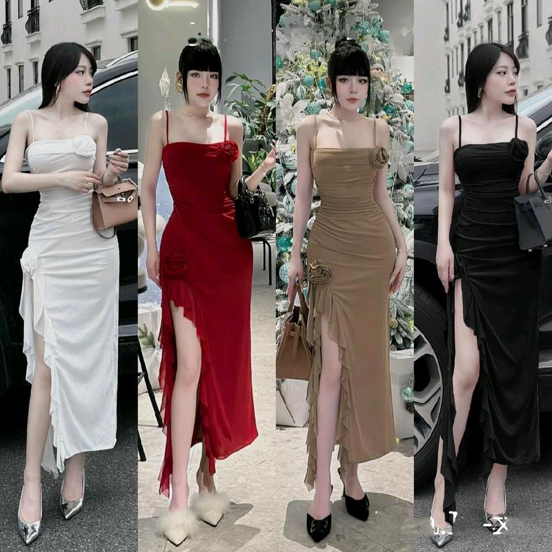 Váy đầm nữ hai dây form dáng dài xoè xẻ tà phối đính hoa siêu sexy xinh xắn diện đi chơi dự tiệc Women Dress Thun thanh lịch thường Nhung
